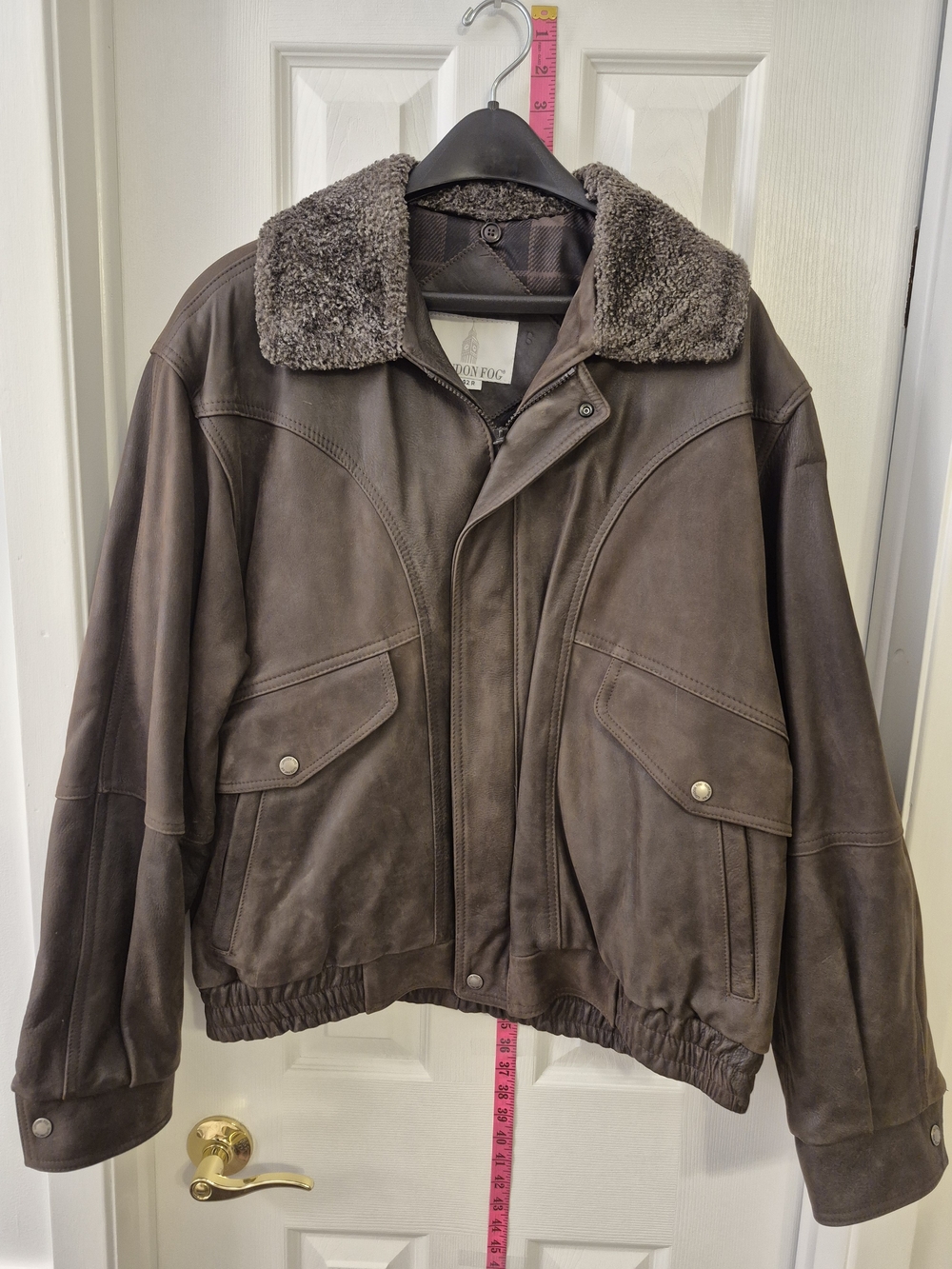 Vintage London Fog Brown Leather Bomber Jacket with Shearling Collar 42R NWOT